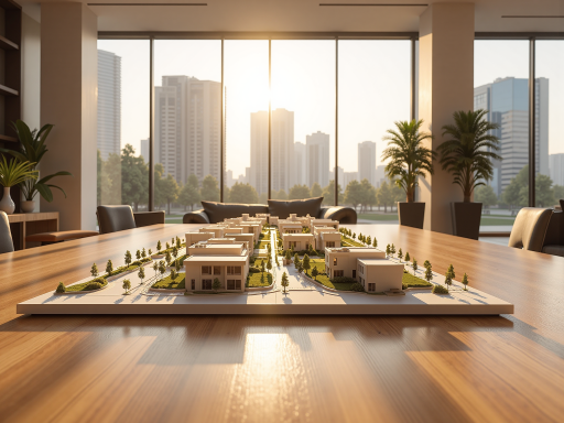 未来城市概念图,现代化建筑群,绿色植被环绕,科技感灯光效果,展现可持续发展理念